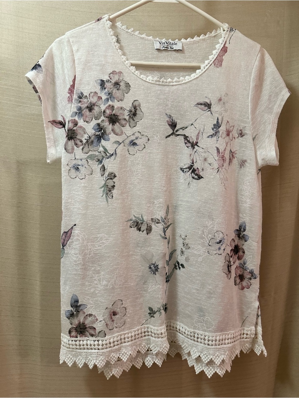 ViaVitale Floral Crochet Hem Top White Italian Viscose Boho Cottagecore M